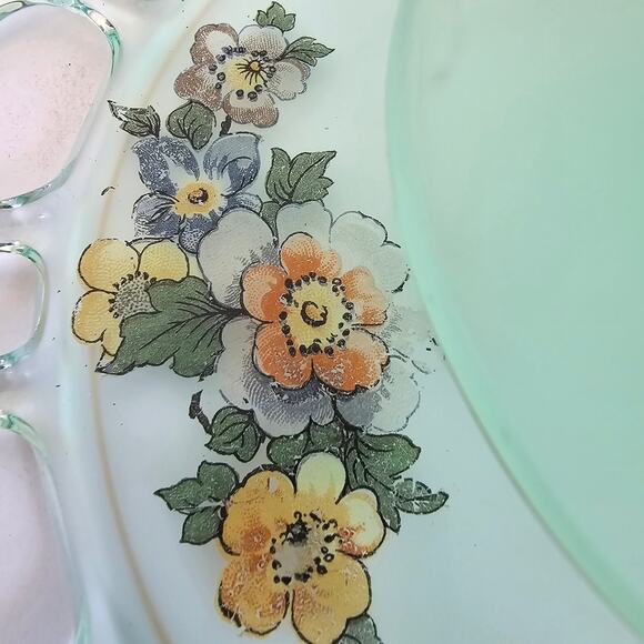 Lancaster Glass Footed Plate Green Satin Glass Open Lace Reverse Painted Floral - Picture 8 of 12